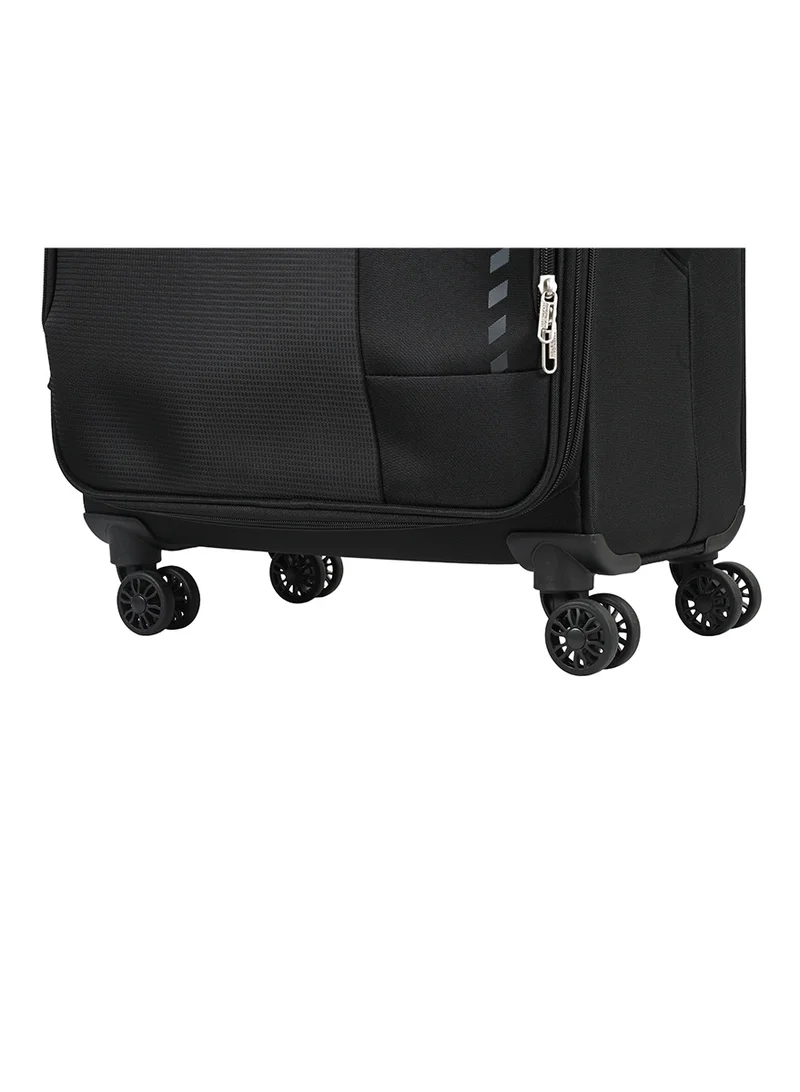 AMERICAN TOURISTER black Marina Suitcase, Check-In Size 70 cm / 26 inch, 4 Spinner Wheels, Soft Top, 100% Polyester, Black|Inner Mesh Zippered Pocket|Expandable|TSA Lock|Voluminous Front Pocket - 3 Years International Warranty  | Best Price UAE
